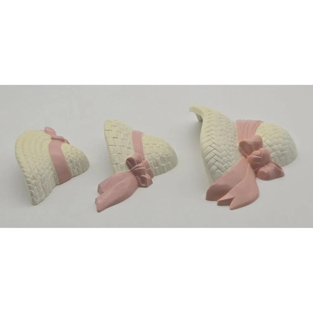Burwood 1998 USA Wall Plaques Set 3 Pink Ribbon Straw‎ Hat Shabby Chic Decor